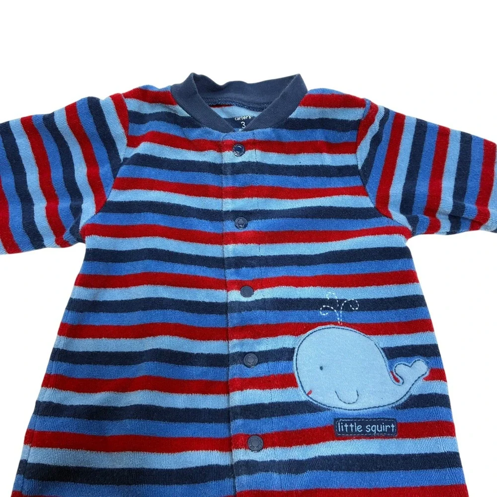 Carter's Baby Boy 3 Months Footed Pajamas Blue Red Striped Whale Little Squirt